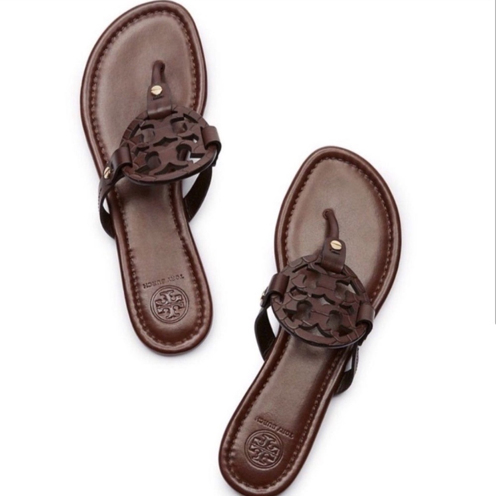 Tory Burch Dark Brown Leather Miller Thong Sandals